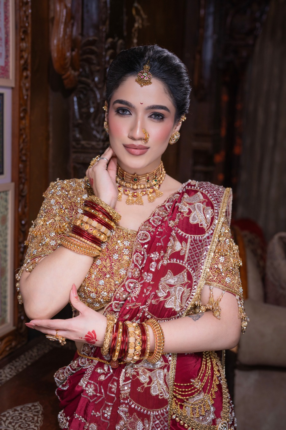 Bridal jewellery and gold saree