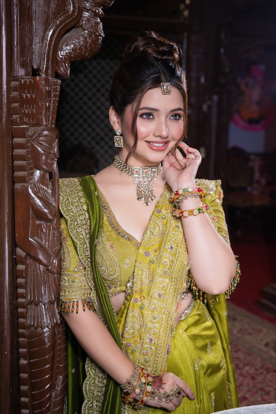 Olive and gold bridal look